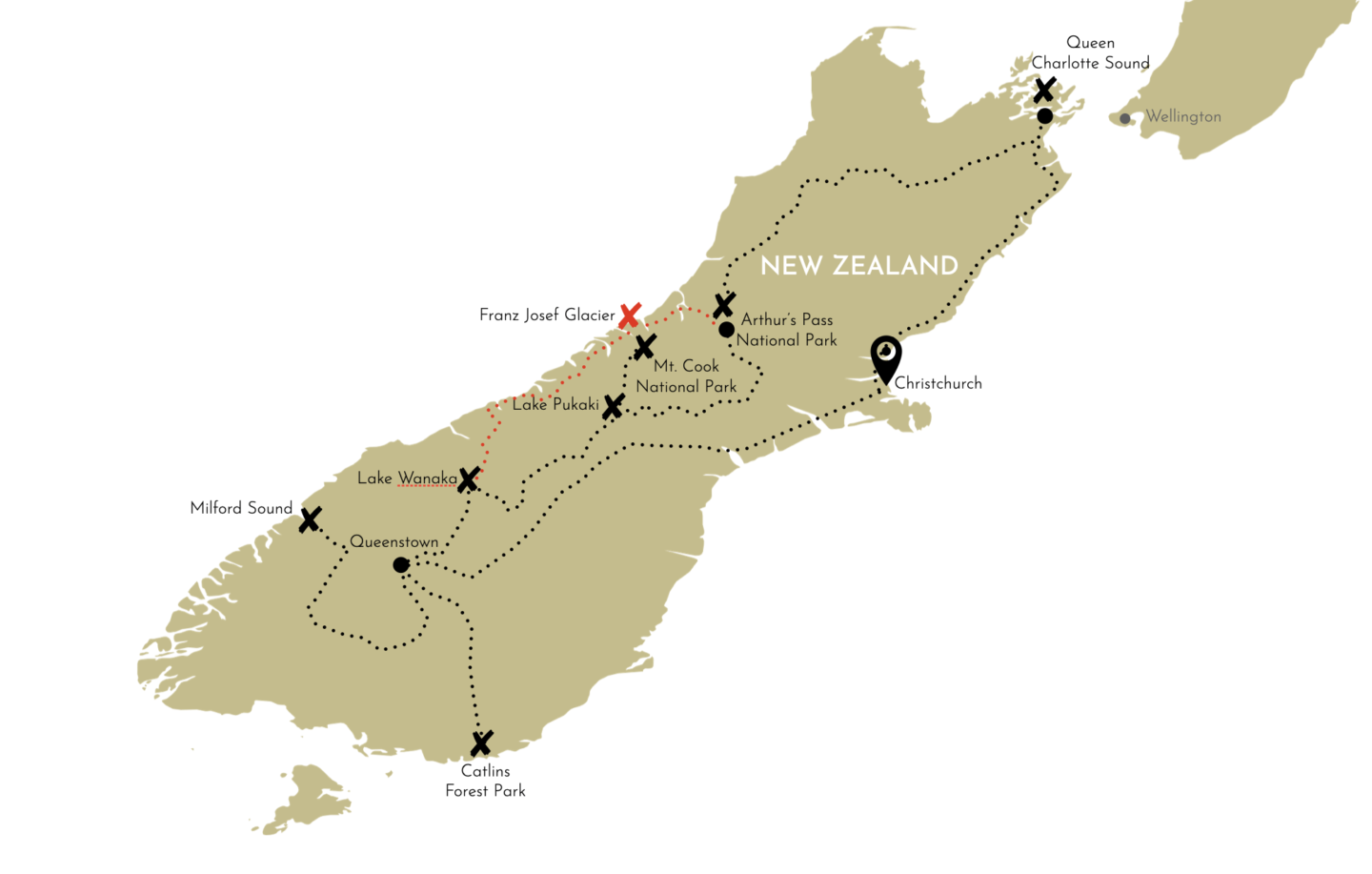 Map of South Island New Zealand - 8 Day Itinerary