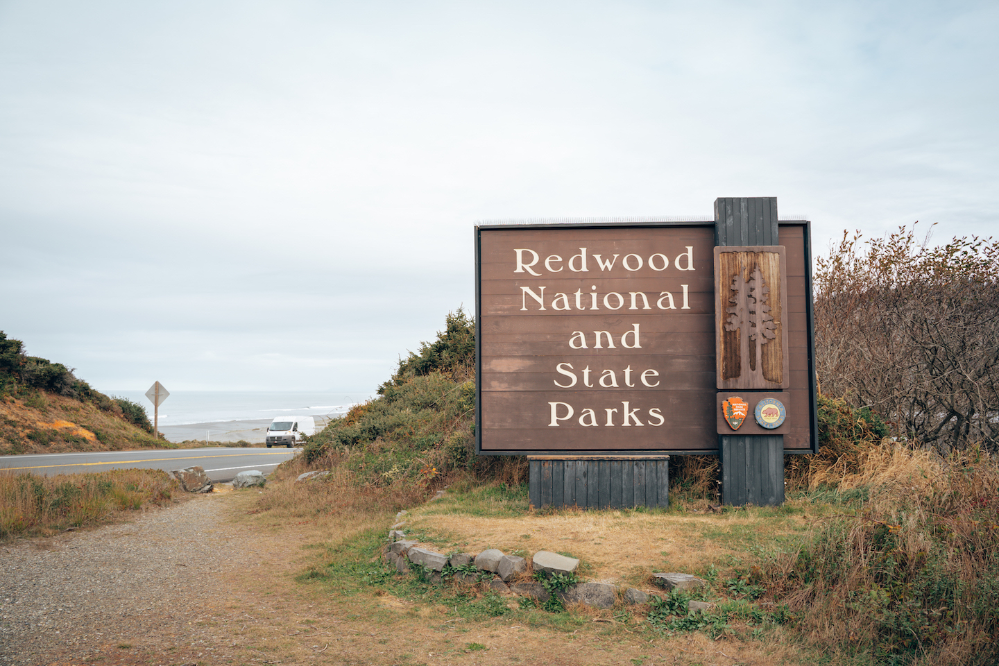 Park entrance sign to Redwood National and State Parks