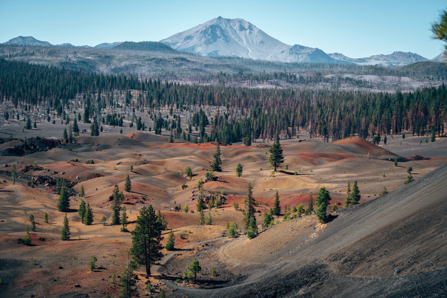 View of Painted Dunes and Lassen Peak from backside of Cinder Cone