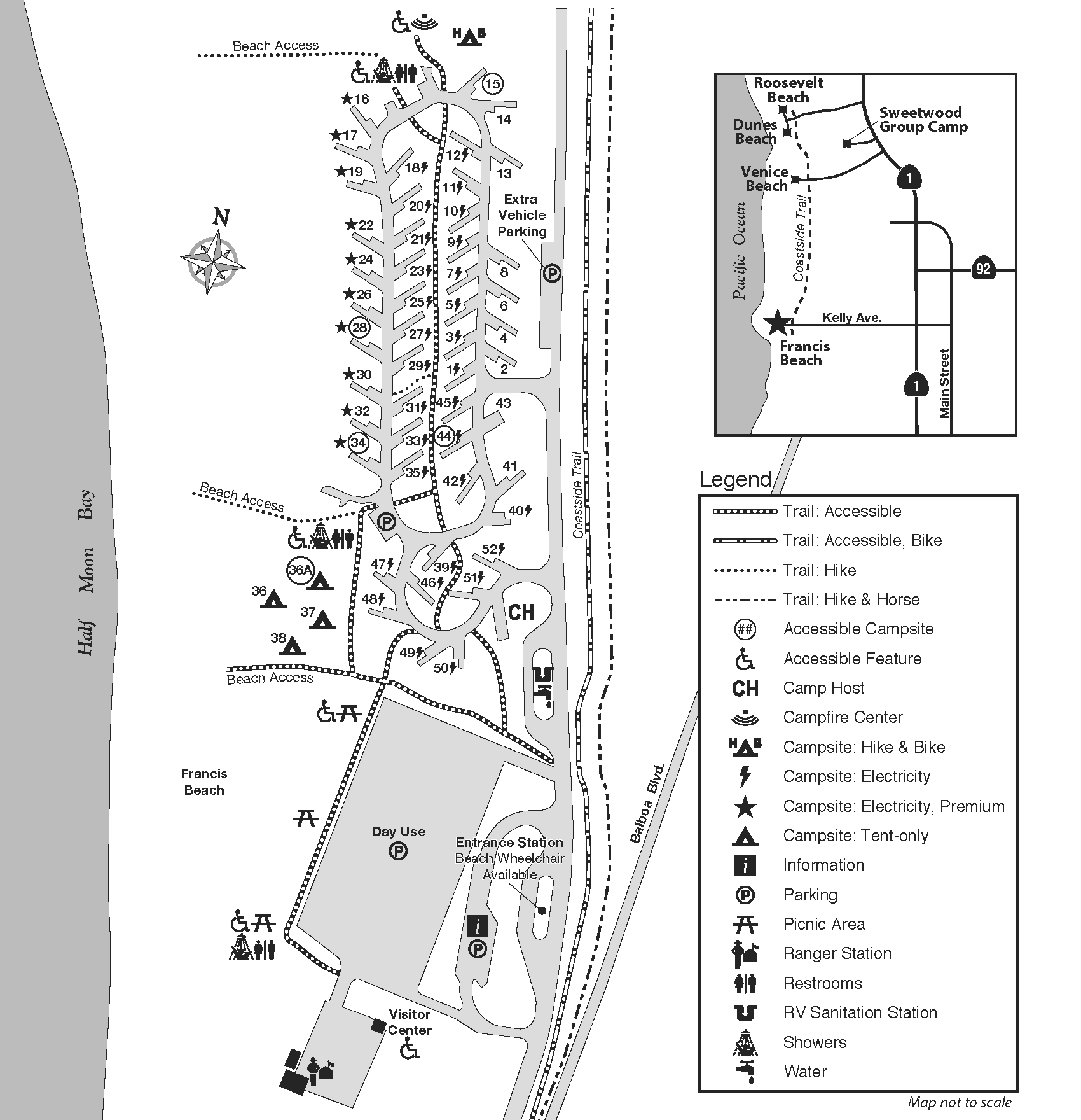 Map of Francis Beach Campground via Half Moon Bay State Beach