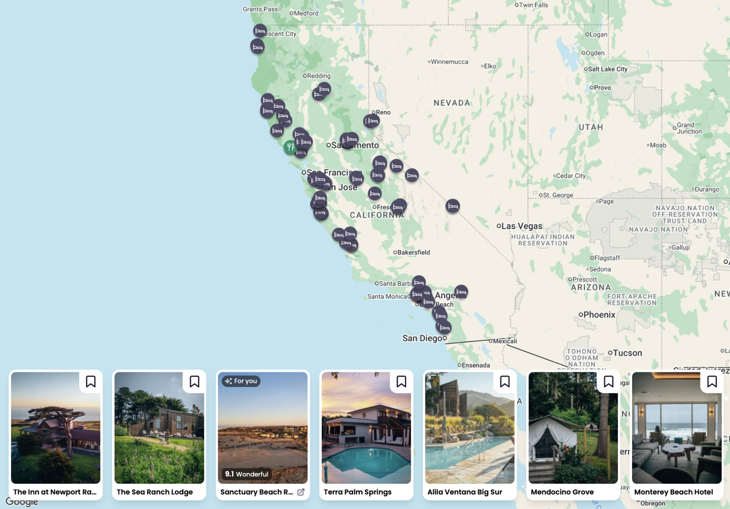 Map of California hotels - California Bucket List Map & Guide